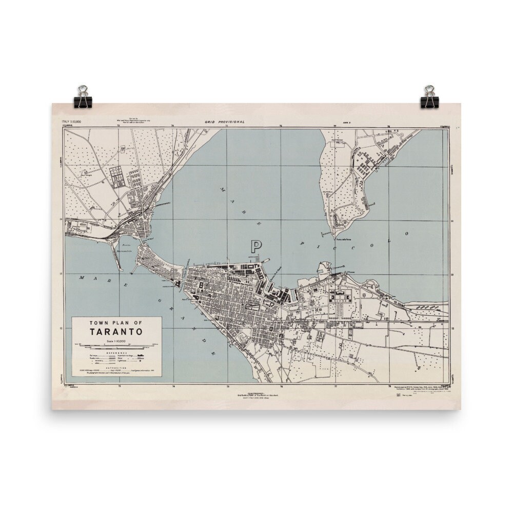 Old Taranto Italy Map (1943) Vintage Tarde Italia City Atlas Poster