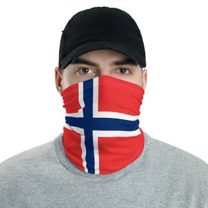 May include: A person wearing a black baseball cap and a face covering with the Norwegian flag printed on it. The face covering is red, white, and blue.