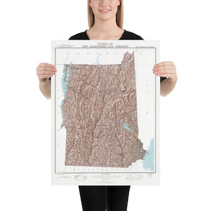 New Hampshire & Vermont Relief Karte (1976) NH und VT Topographie Atlas Poster