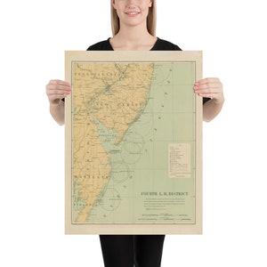 古いデルマーバとニュージャージーの灯台地図 (1897) ヴィンテージ NJ、DE、MD 海図ポスター