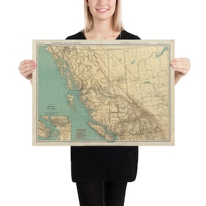 Old British Columbia Canada Map (1924) Vintage Western Canadian Province Atlas Poster