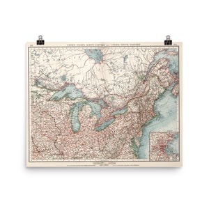 Alte große Seen Karte (1900) Vintage Superior, Michigan, Huron, Erie und Ontario Atlas Poster