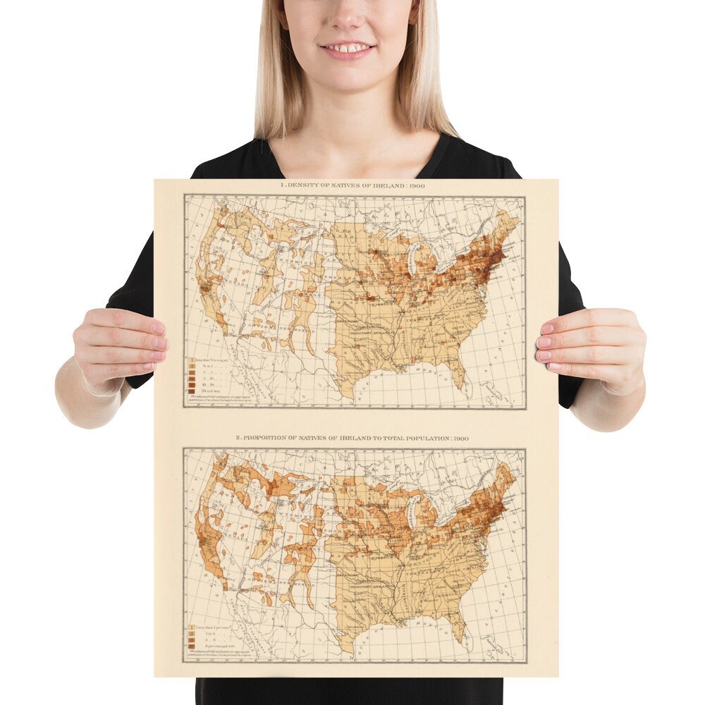 Old Us Irish Population Map 1900 Vintage United States Etsy Israel