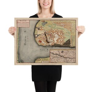 Pôster Antigo mapa da Sérvia de Belgrado (1700) Atlas da capital sérvia do vintage