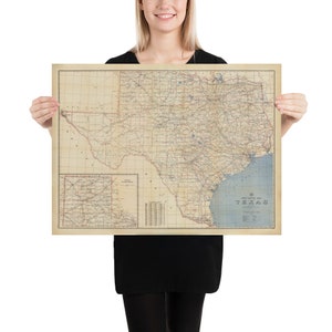 Carte des anciennes routes postales des comtés et des États du Texas (1950) vintage Affiche de l’Atlas de l’État de Lone Star