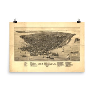 vintage Key West FL Carte (1884) Birds Eye Perspective Atlas Affiche