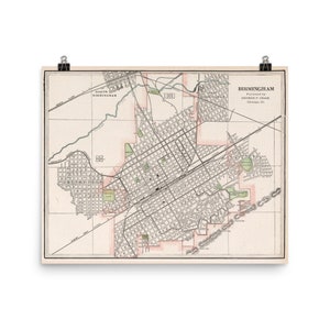 Vintage Birmingham Alabama kaart (1901) oude bham stad en straat atlas poster