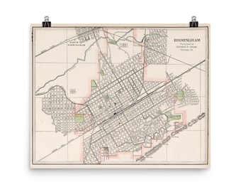 Vintage Birmingham Alabama Map (1901) Old Bham City and Street Atlas Poster