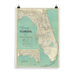 Vintage Florida Kaart (1916) Turquoise FL Antieke Atlas Poster