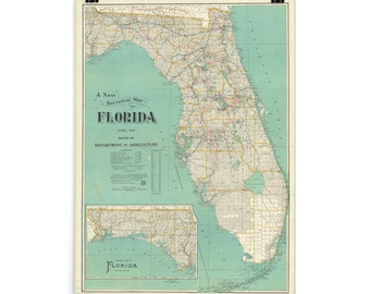 Vintage Florida Map (1916) Türkis FL Antique Atlas Poster