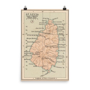 Old St Lucia Carte (1919) Vintage Helen of The West Indies Island Atlas Poster