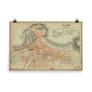 Gijon Spanien Karte (1914) Alte Asturien Stadt Atlas Poster