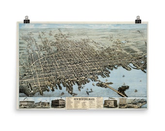 オールド ニューベッドフォード MA (1876) ヴィンテージ 捕鯨都市アトラス ポスター