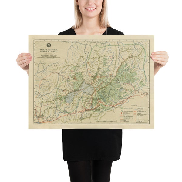 Old Mount Mitchell National Forest NC Map (1916) Vintage North Carolina Park Reserve Atlas Poster