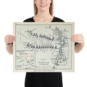 古いトラファルガー海戦地図（1902年）ネルソン提督のビンテージ海軍戦争図ポスター