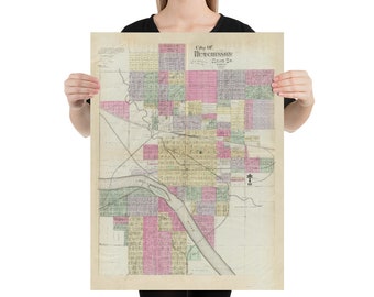 Old Hutchinson KS Map (1887) Vintage Hutch Kansas Atlas Poster