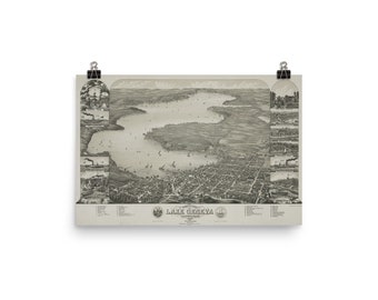 Lake Geneva WI Vintage Map (1882) Old Wisconsin Lake Atlas Poster