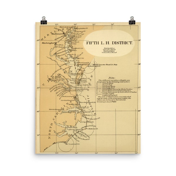 Virginia and North Carolina Lighthouse Map (1882) Old NC & VA Nautical Atlas Poster