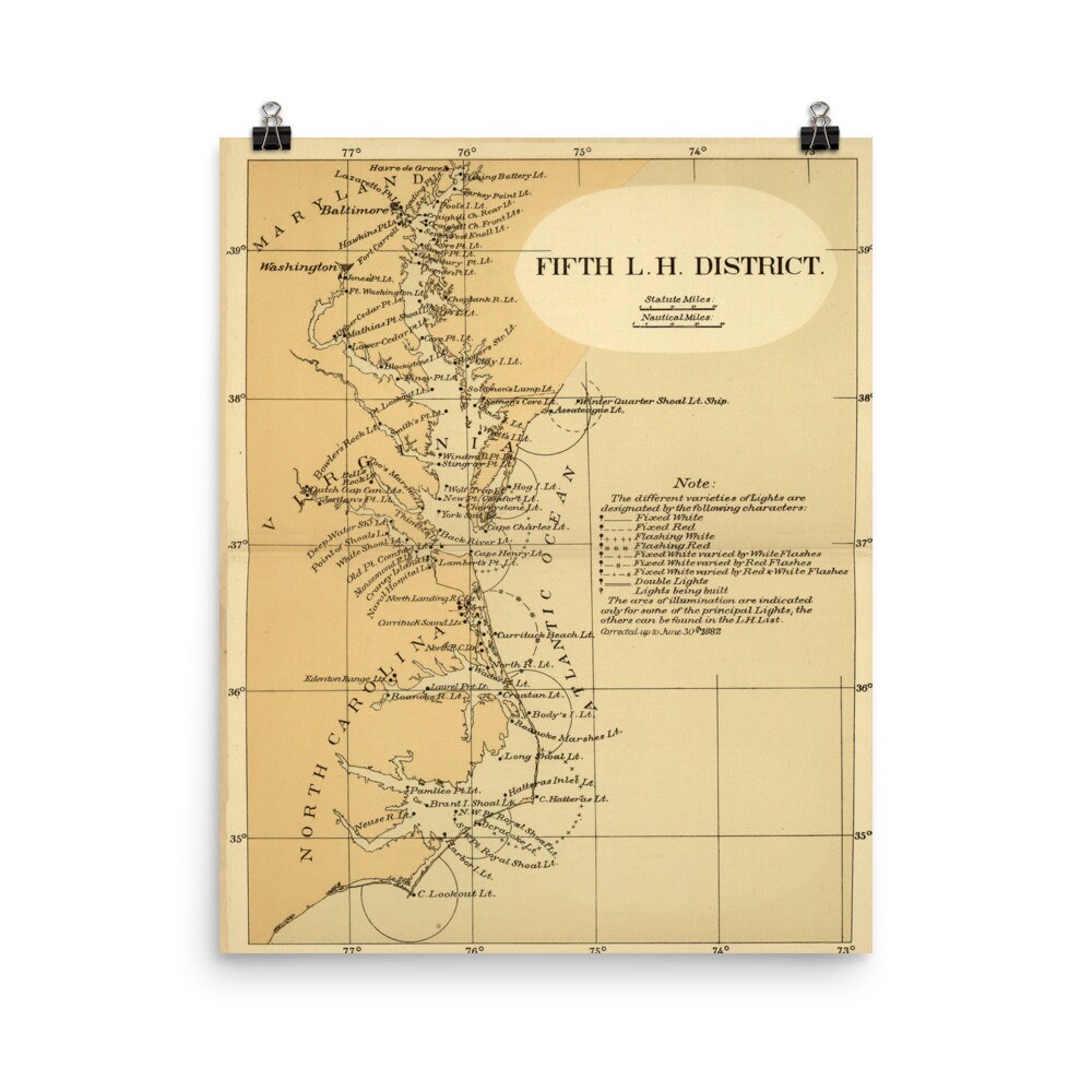 Virginia and North Carolina Lighthouse Map (1882) Old NC & VA Nautical Atlas Poster