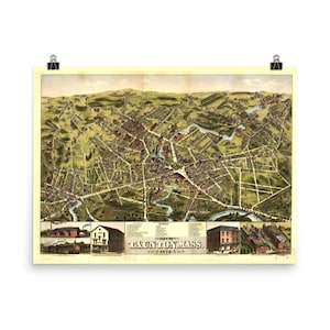 Alte Taunton MA Karte (1875) Vintage Massachusetts Stadt Vögel Auge Atlas Poster