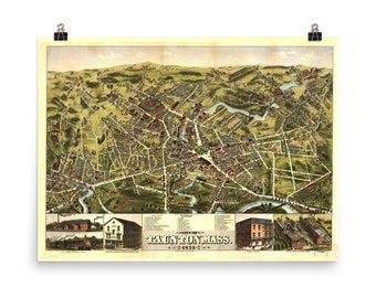 Old Taunton MA Map (1875) Vintage Massachusetts City Birds Eye Atlas Poster