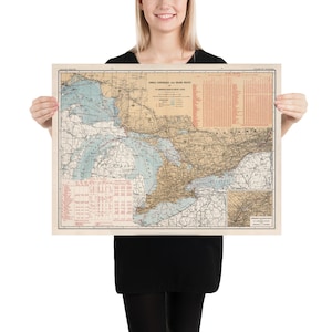 Vieille carte des phares des Grands Lacs (1915) affiche vintage de l’Atlas maritime et nautique