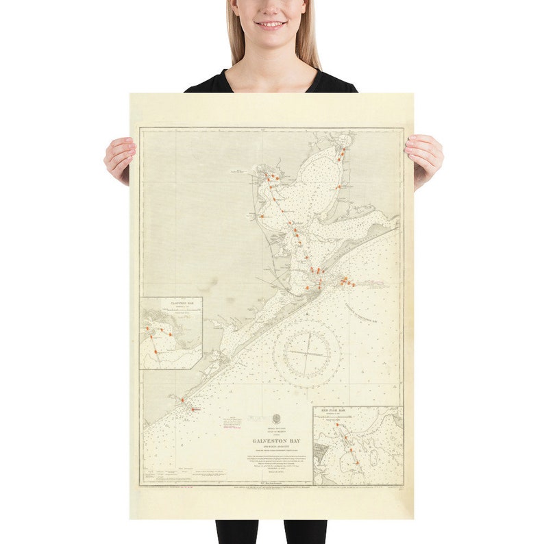 Old Galveston Bay TX Map (1914) Vintage Gulf of Mexico Texas Inlet ...