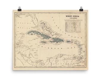 Old Caribbean Map (1845) Vintage West Indies Atlas Poster