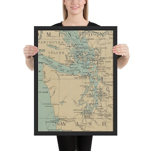 Mapa vintage do farol de Puget Sound (1898) Atlas da entrada do estado de Washington Pôster emoldurado