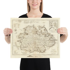 Ancienne carte d’Antigua (1775) affiche de l’atlas de l’île Waladli vintage