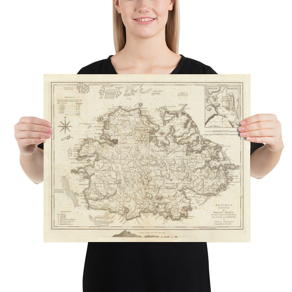 Old Antigua Map (1775) Vintage Waladli Island Atlas Poster