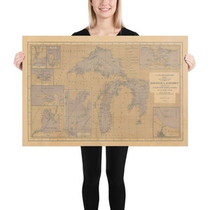 Old Great Lakes Lighthouse Carte (1875) Vintage Nautical and Maritime Chart Poster