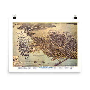 Oude Pensacola Florida kaart (1898) Vintage vogels oog perspectief Atlas poster