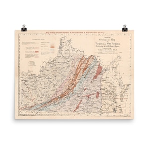 Old Virginias Geology Map (1875) Vintage Virginia & West VA Geological Atlas Poster