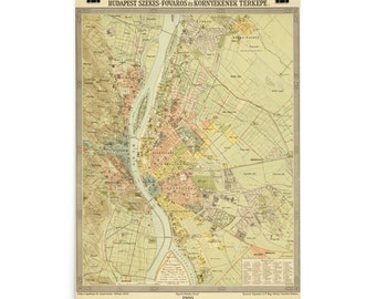 Vintage Budapest Hungary Map (1900) Old Hungarian Capital City & Street Atlas Poster