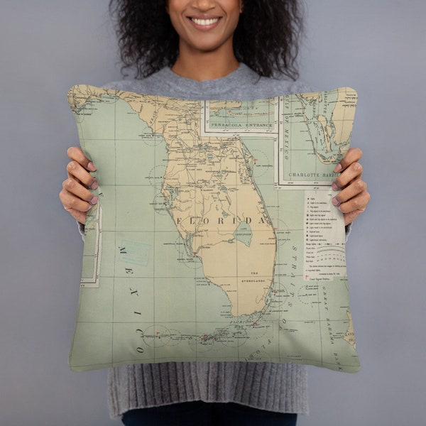 Vintage Florida Lighthouse Map Pillow (1898) FL Coastal Maritime Atlas Cushion