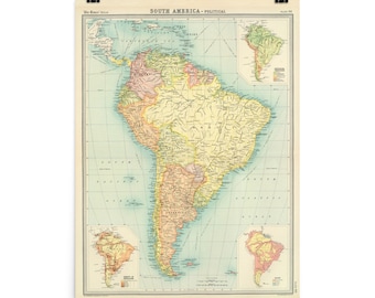 Alte Südamerika Karte (1922) Vintage Lateinamerika Atlas Poster