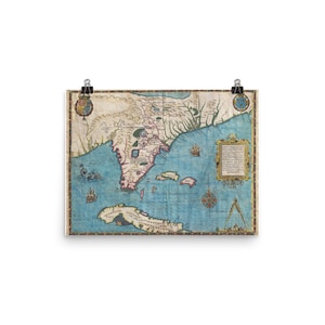 Florida historische verkenning Poster Spaanse Caribische zee Atlas kaart (1591)