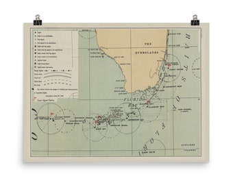 Old Florida Keys Lighthouse Map (1898) FL Nautical & Maritime Atlas Poster