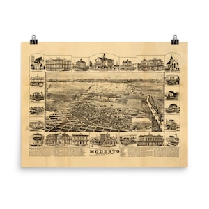 May include: An antique bird's-eye view map of Modesto, California, from 1889. The map shows the city's layout with streets, buildings, and a river running through it. The map is surrounded by smaller images of notable buildings in the city.