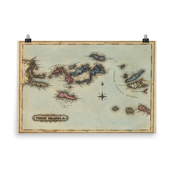 Maagdeneilanden Vintage kaart (1823) Caribische zee Atlas Poster