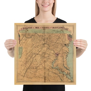 Old Virginia and Maryland Civil War Map (1863) Vintage VA & MD Battlefield Atlas Poster