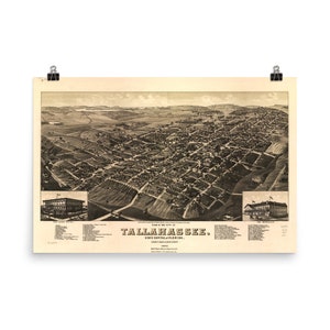 May include: An antique bird's-eye view map of Tallahassee, Florida, the state capital. The map shows the city's layout with streets, buildings, and surrounding landscape. The title "View of the City of Tallahassee, State Capital of Florida" is printed at the bottom of the map.