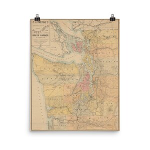 Vintage Puget Sound Mapa (1891) Cartel de entrada del Océano Pacífico del estado de Washington