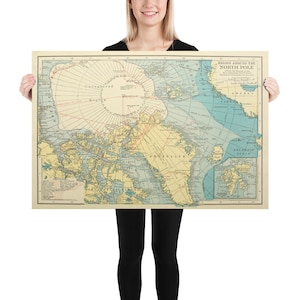 古いグリーンランドと北極探検地図（1915年）北極と北極探検家地図帳ポスター