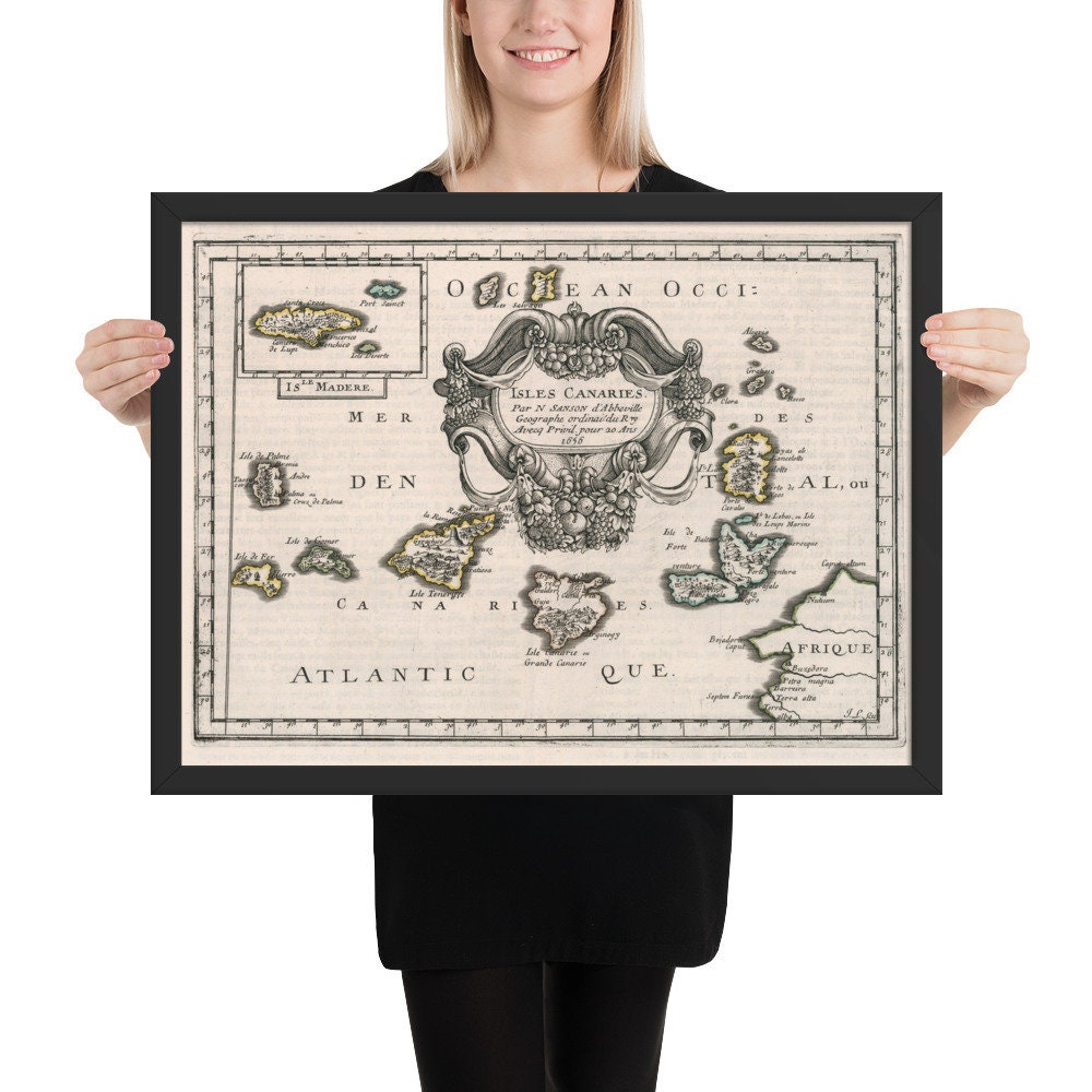 Vintage Canary Islands Map (1656) Old Islas Canarias Atlas Framed poster