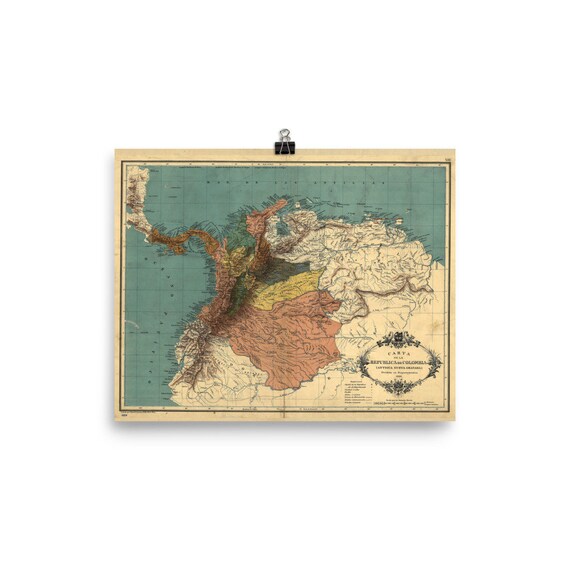 古いコロンビア地図 (1886) ヴィンテージ ラテンアメリカ国別地図