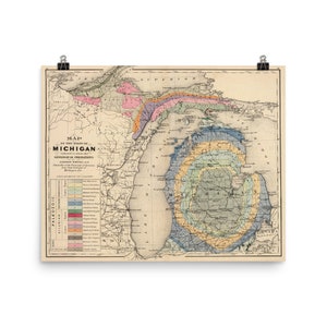 Vintage Michigan Geology Map (1873) Old MI Geological Atlas Poster