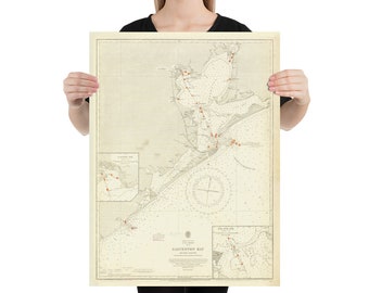 Old Galveston Bay TX Map (1914) Vintage Gulf of Mexico Texas Inlet Atlas Poster