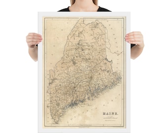 May include: An antique map of Maine, printed in black and white on a cream-colored paper. The map shows the state's counties, rivers, and towns. The title "MAINE." is printed in the bottom right corner.
